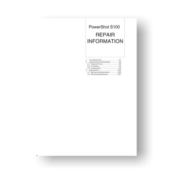 60-page PDF 10.39 MB download for the Canon S100 Digital-ELPH Service Manual Parts Catalog